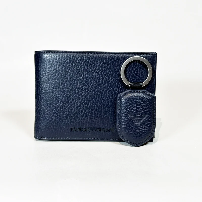 Gift box con portafoglio e portachiavi in pelle bottalata Blu
