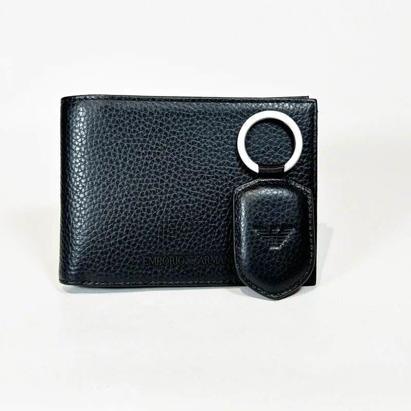 Gift box con portafoglio e portachiavi in pelle bottalata Nero