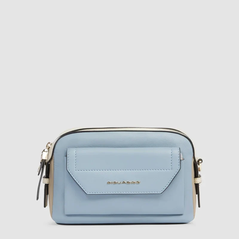 Tracolla piccola in pelle modello camera bag Azzurro Beige