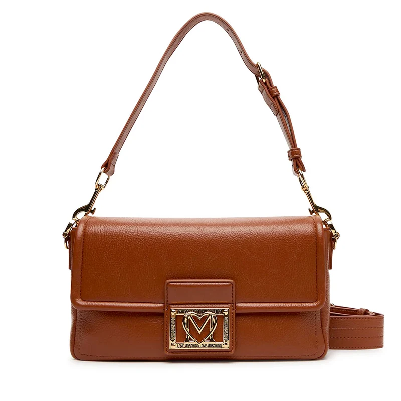 Borsa Donna a Spalla con Tracolla LOVE MOSCHINO color Castagna con Placca Quadrata con Logo