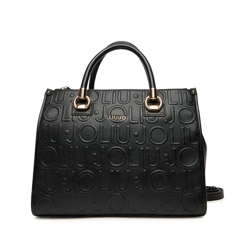 Borsa Donna a Mano Media LIU JO effetto Bottalato con Logo in Rilievo All Over Nero