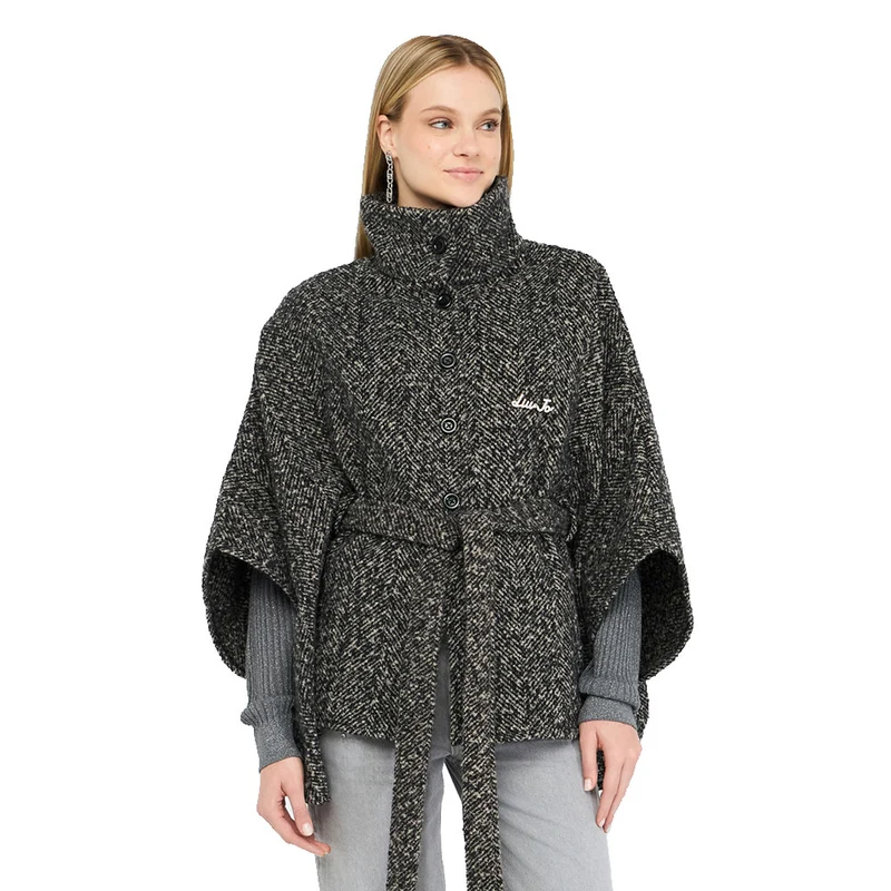 Poncho Donna Collo Alto LIU JO in Tessuto Chevron Nero e Bianco