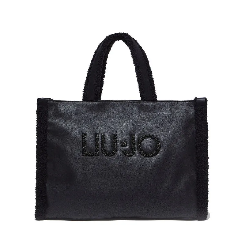 Shopping Bag Donna LIU JO in Tessuto Spalmato con Dettagli Teddy colore Nero