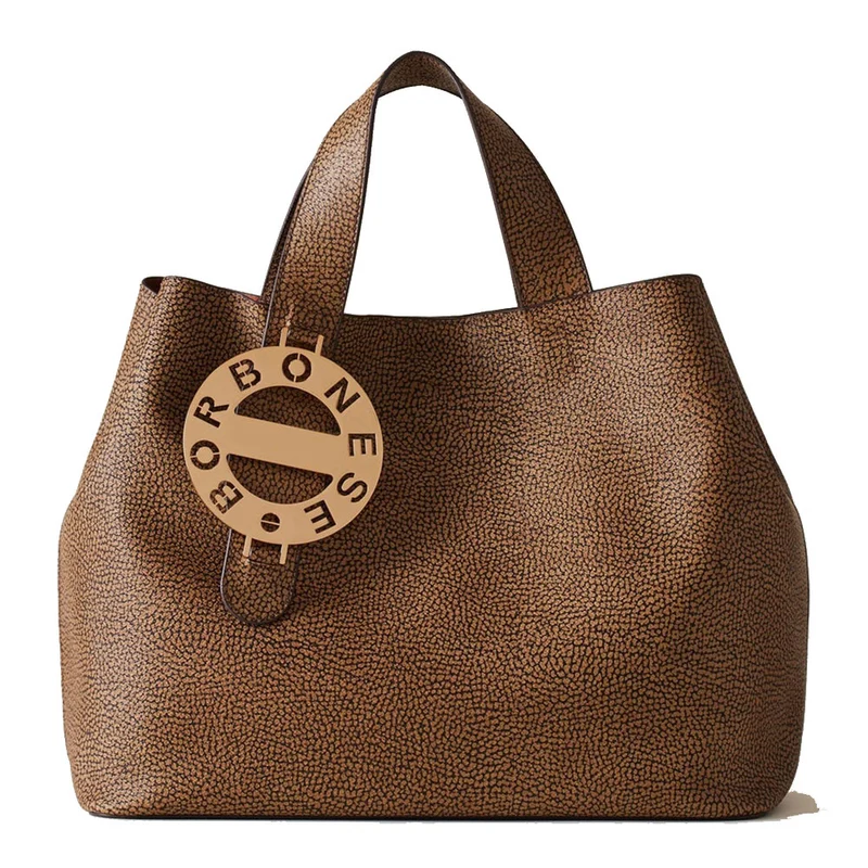Borsa Donna a Mano BORBONESE linea 011 in Tela Rivestita OP Naturale e Nero