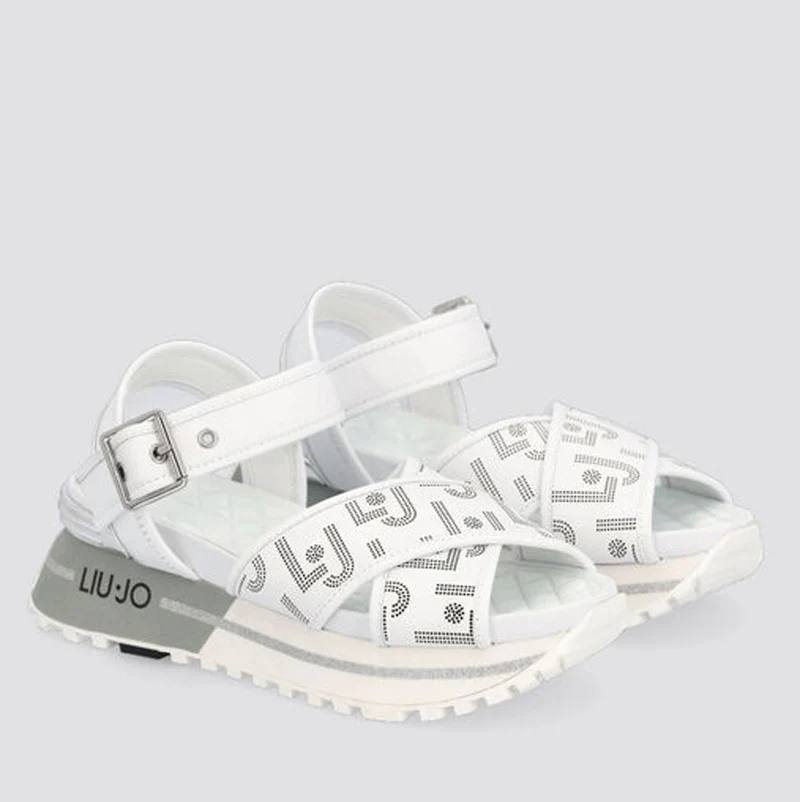 Scarpe Donna LIU JO Sandali Platform con Logo Gioiello in Pelle Bianca