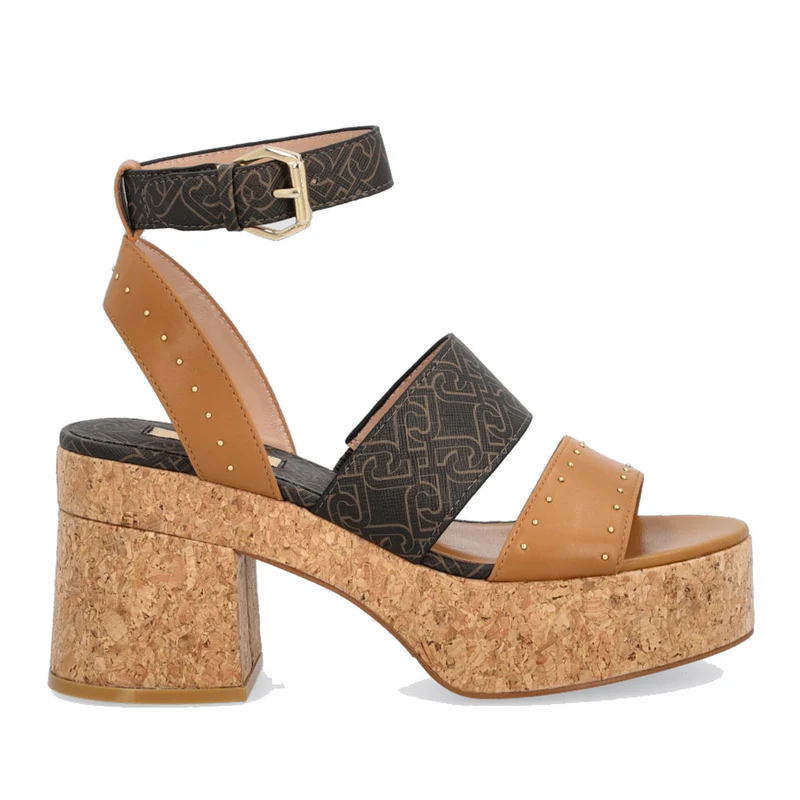 Scarpe Donna LIU JO Sandali con Tacco in Pelle color Nocciola e Dettagli Monogram