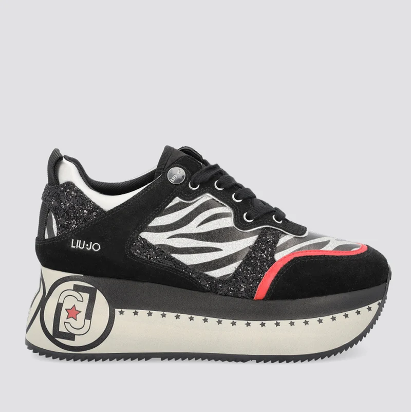 Scarpe Donna LIU JO Sneakers Maxi Platform in Suede Nero e Stampa Zebrata Argento