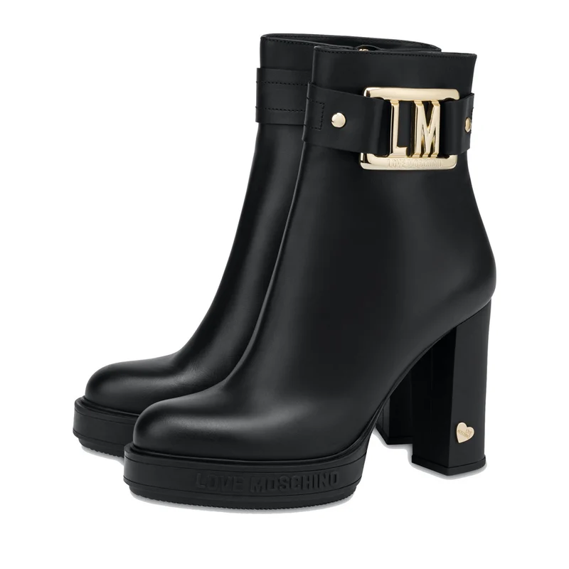 Scarpe Donna LOVE MOSCHINO Stivaletti in Pelle Nera con Tacco linea LM Plaque