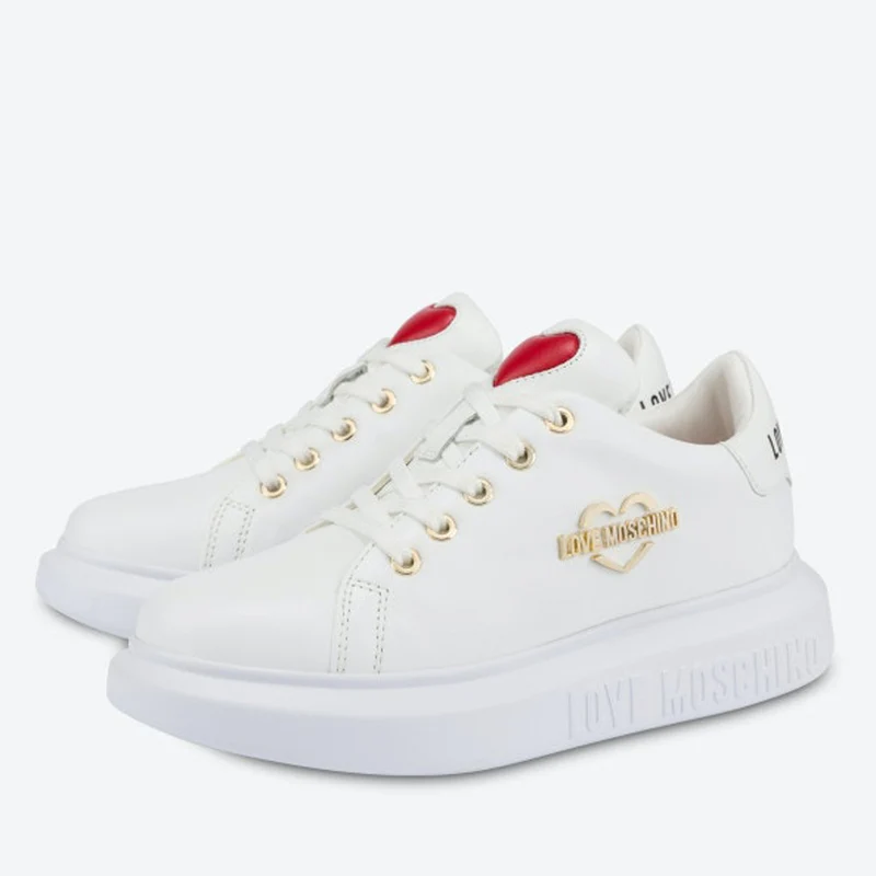 Scarpe Donna LOVE MOSCHINO Sneakers linea Gold Metal Logo in Pelle Bianca