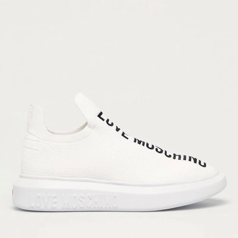 Scarpe Donna LOVE MOSCHINO Sneakers a Calzino Basso in Tessuto Bianco con Logo Ricamato