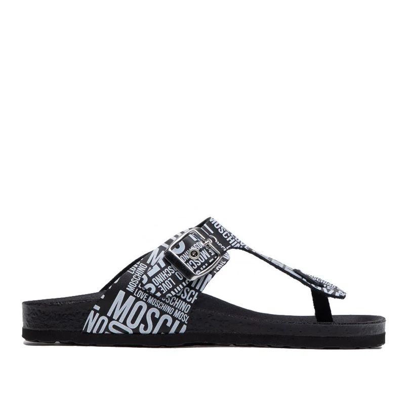 Ciabatte Infradito Donna LOVE MOSCHINO in Pelle Nera con Logo Bianco