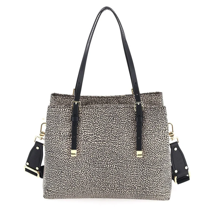 Borsa Shopping Bag Media a Mano con Tracolla BORBONESE linea Jet Op in Tessuto Colore Natural Black